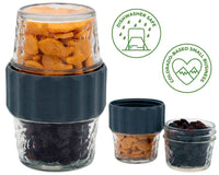 2-in-1-lid-connect-two-regular-mouth-mason-jars-charcoal-gray-silicone-seals-goldfish-crackers-raisins-snack-icons