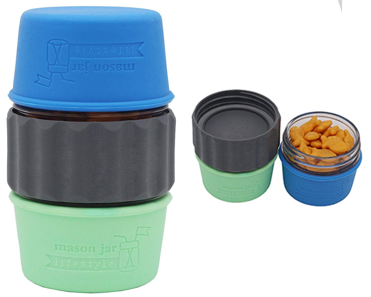 2-in-1-lid-connect-two-regular-mouth-mason-jars-charcoal-gray-silicone-seals-goldfish-crackers-raisins-snack-silicone-sleeves-4oz