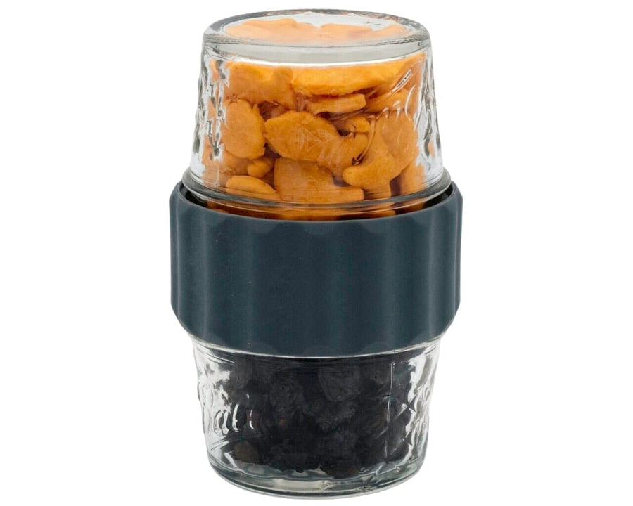 2-in-1-lid-connect-two-regular-mouth-mason-jars-charcoal-gray-silicone-seals-goldfish-crackers-raisins-snack