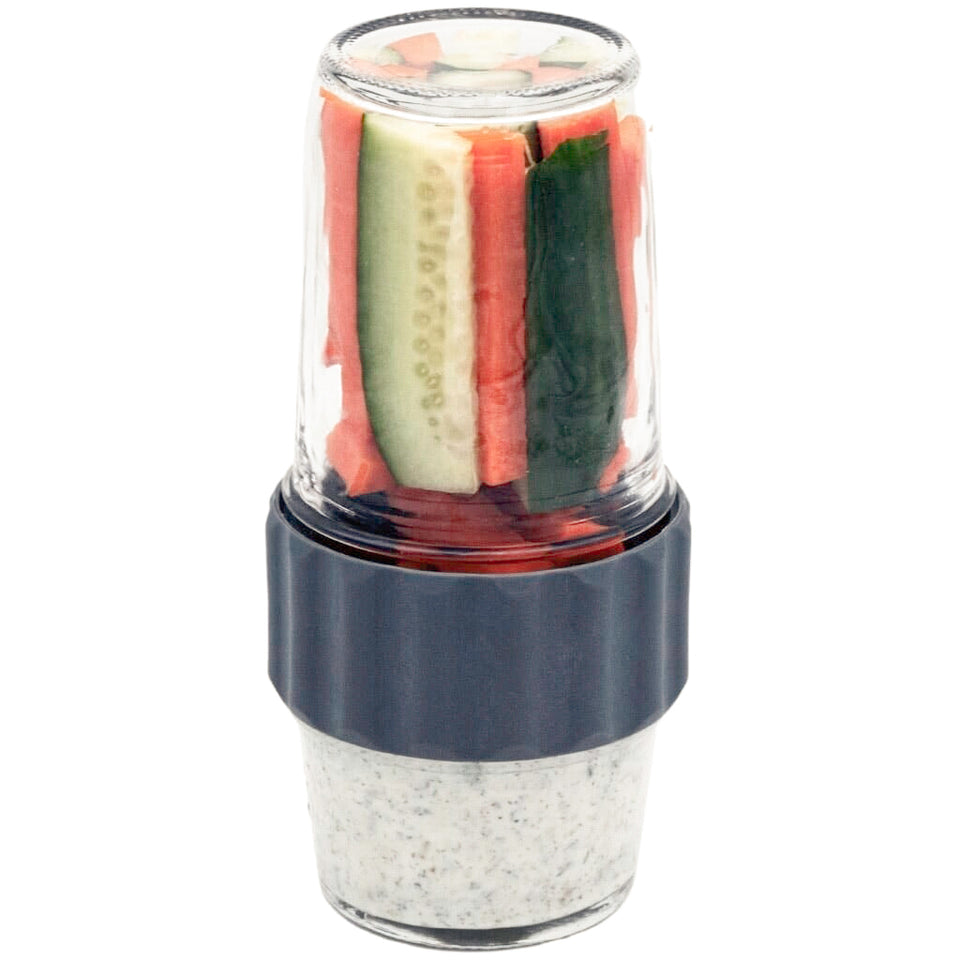 2  in 1 connector lid in gray plastic, with carrots and cucumbers on one side, and ranch on the other side. Two Mason jars connected together.