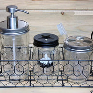 Three jar caddy with soap pump, toothbrush holder, and tea light candle holder in Ball and Kerr Mason jars