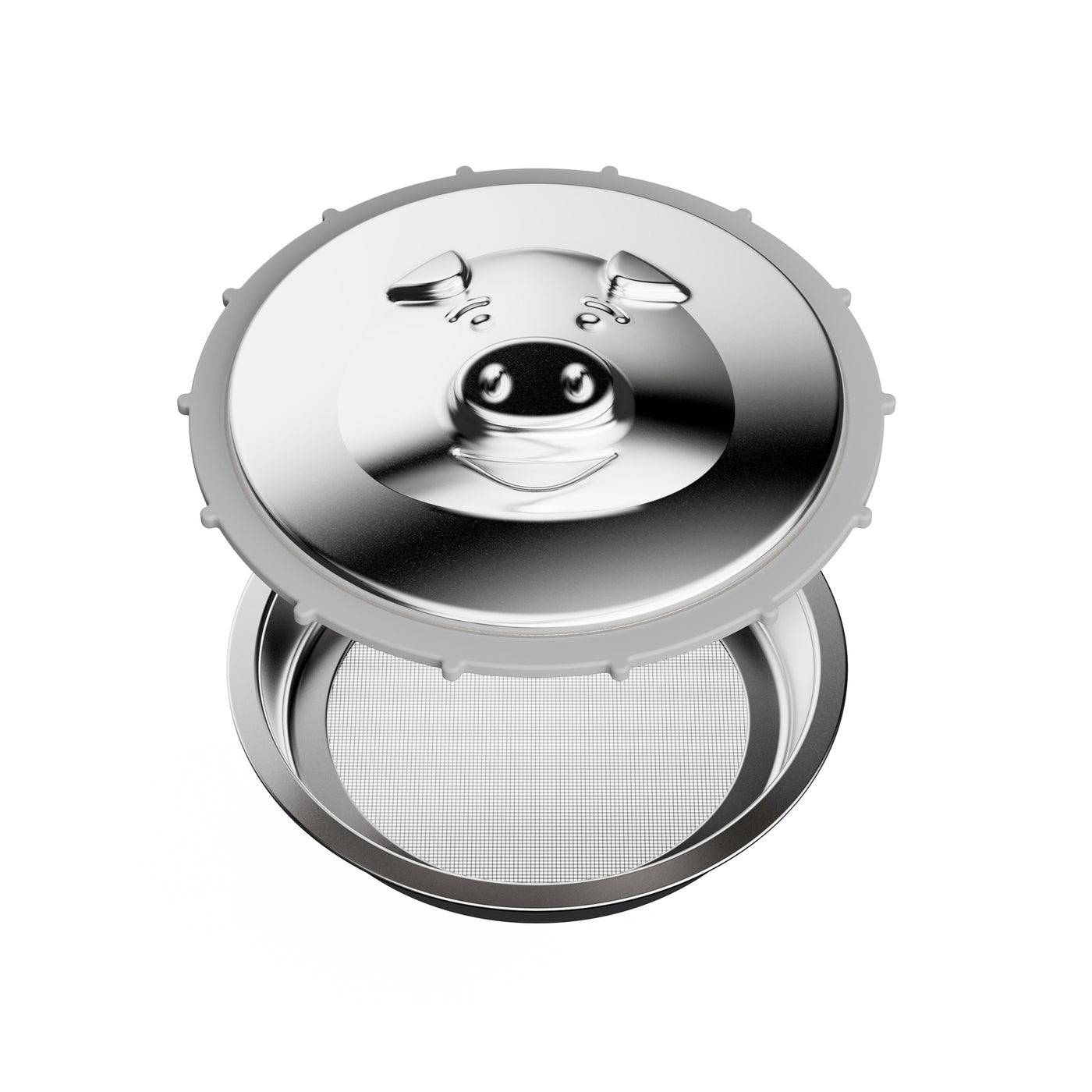 The top of the lid, showing off its rubber seal, and the fine mesh metal strainer.