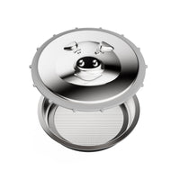 The top of the lid, showing off its rubber seal, and the fine mesh metal strainer.