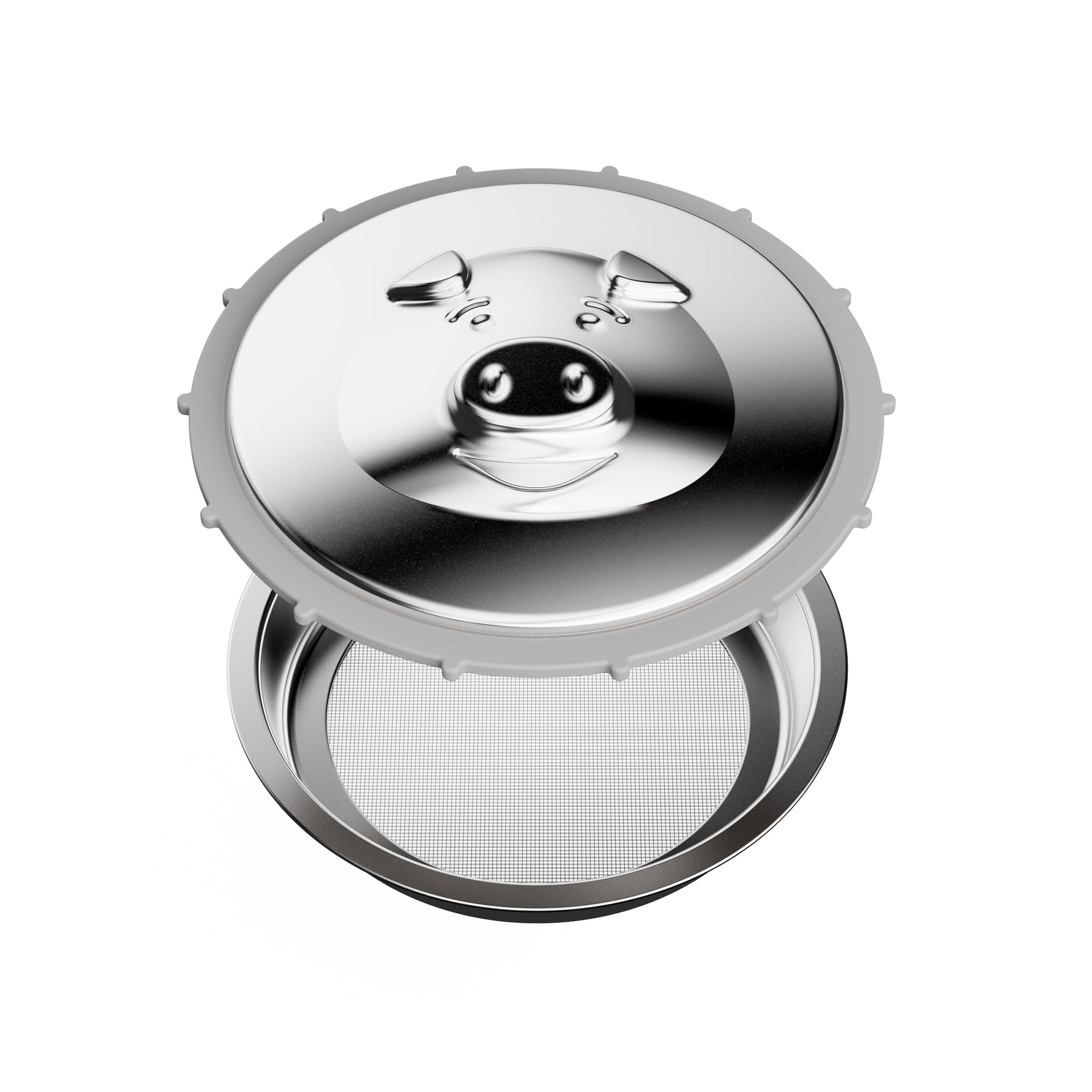 The top of the lid, showing off its rubber seal, and the fine mesh metal strainer.