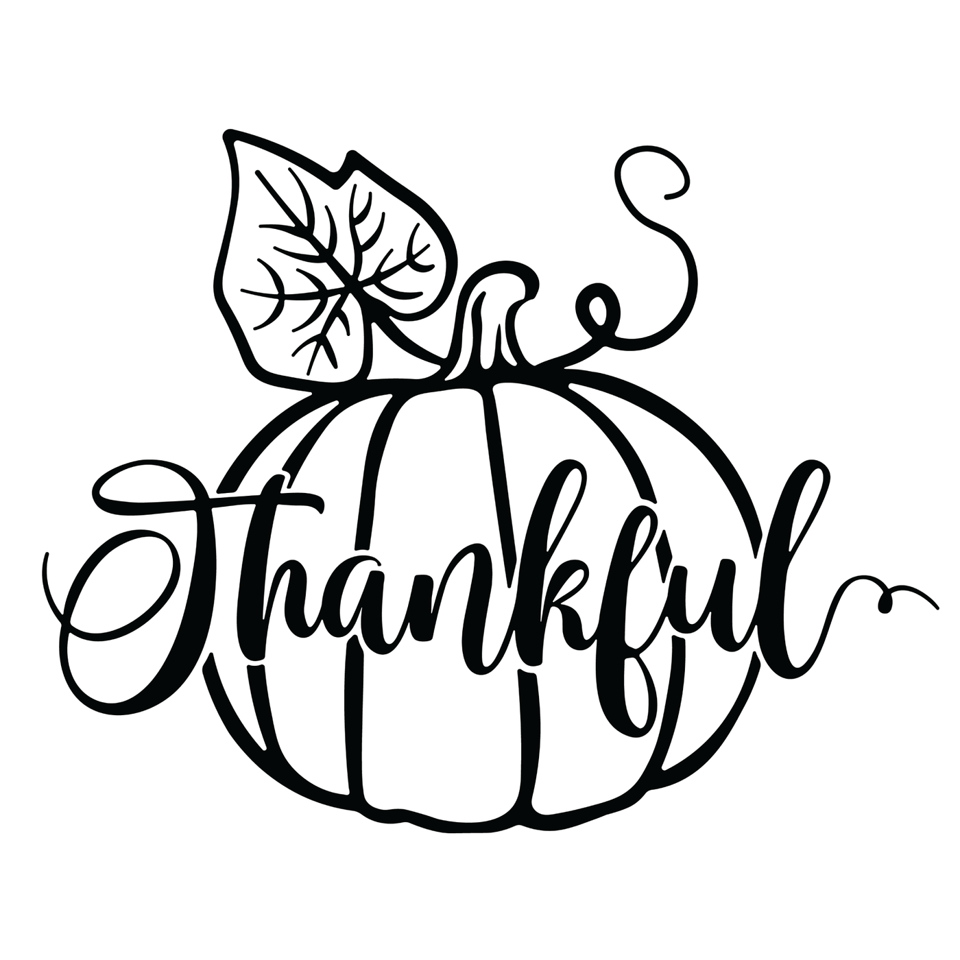 A black and white graphic for laser engraving: text reading "Be Thankful", the "Be" is part of the stem, and the "Thankful" is part layered over a pumpkin.