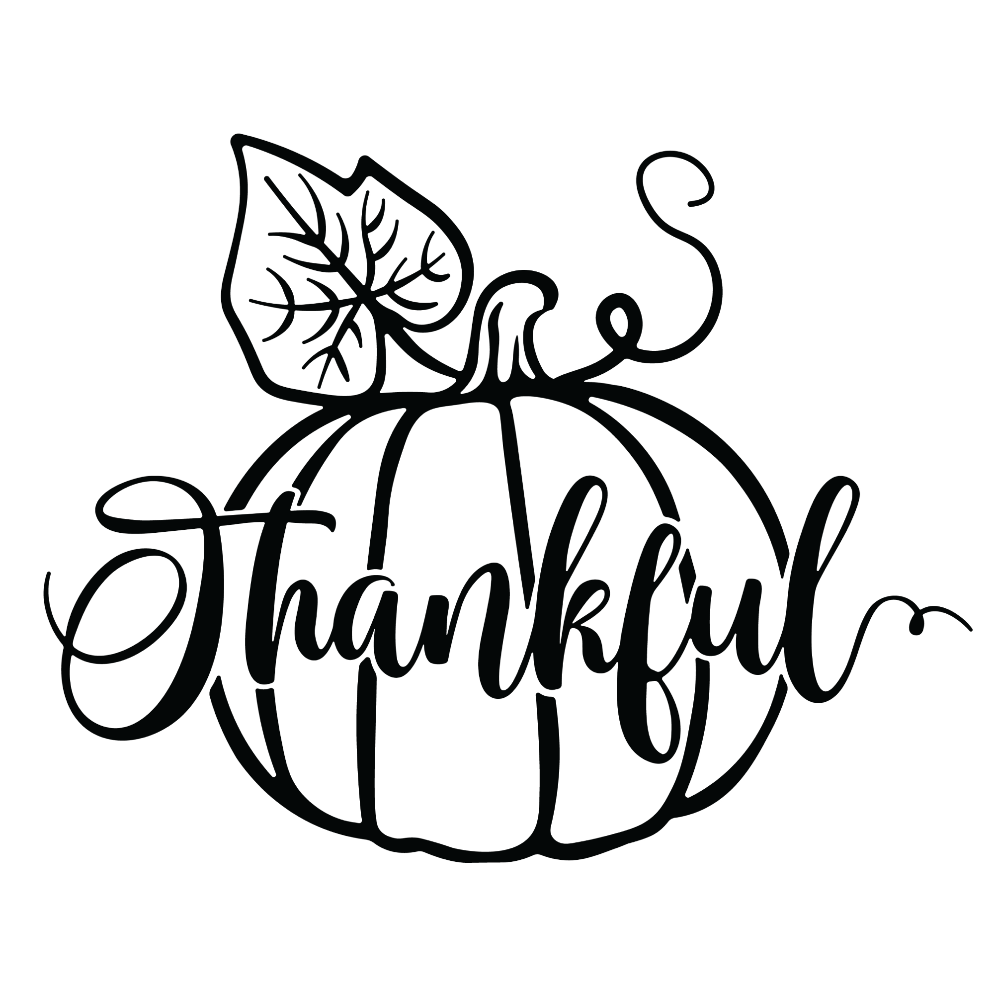 A black and white graphic for laser engraving: text reading "Be Thankful", the "Be" is part of the stem, and the "Thankful" is part layered over a pumpkin.