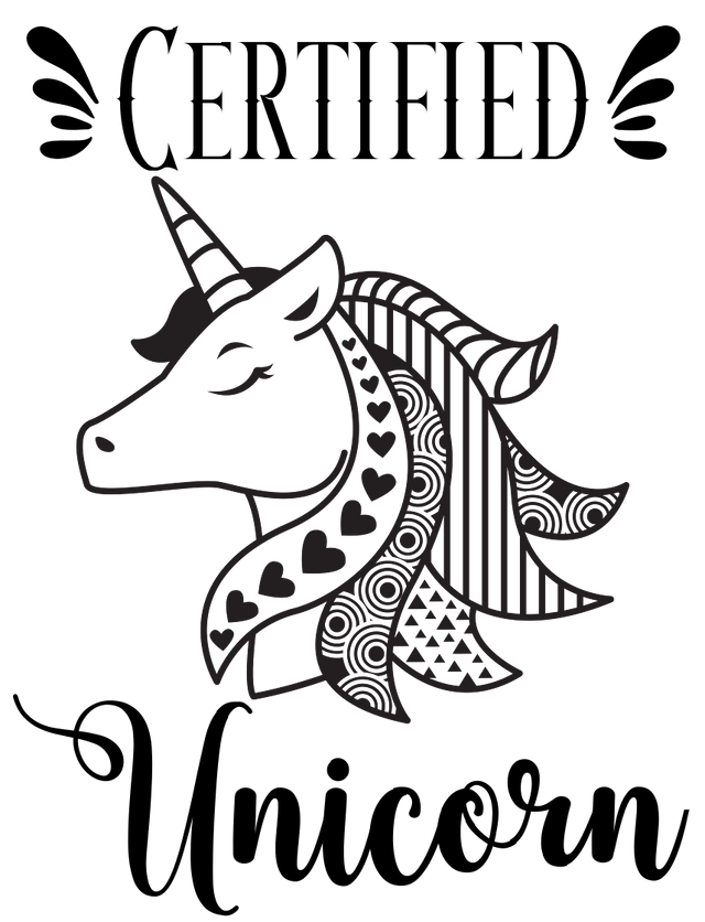 Certified Unicorn design with a decorated unicorn illustration