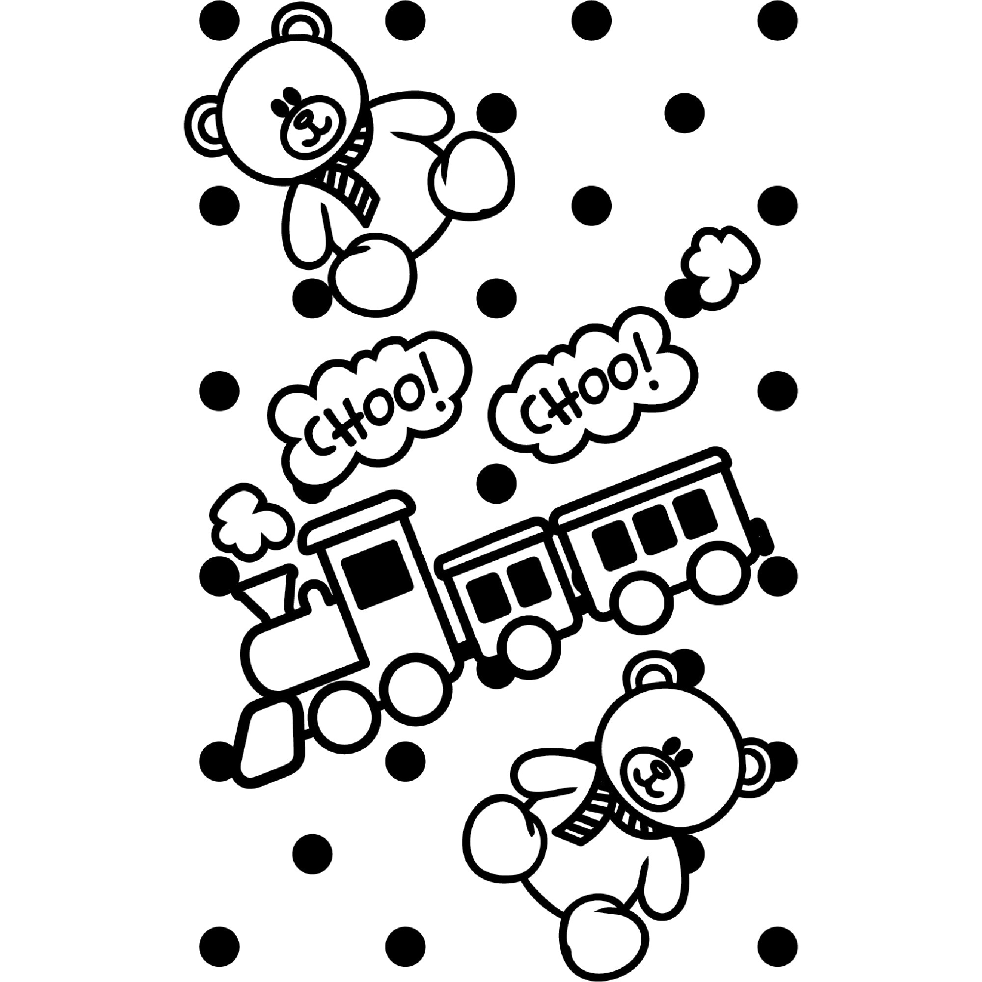 A black and white graphic for laser engraving: a pattern like the pajama pants that Rumi wore in Kpop Demon Hunters, with polka dots, trains, and teddy bears.