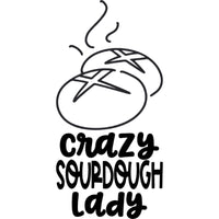 A black and white graphic for laser engraving: There are two buns steaming, with the words "Crazy Sourdough Lady" underneath.