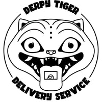 A black and white graphic for laser engraving: has a picture of the derpy tiger from Kpop Demon Hunters in the middle of a circle of words that says "derpy tiger delivery service".