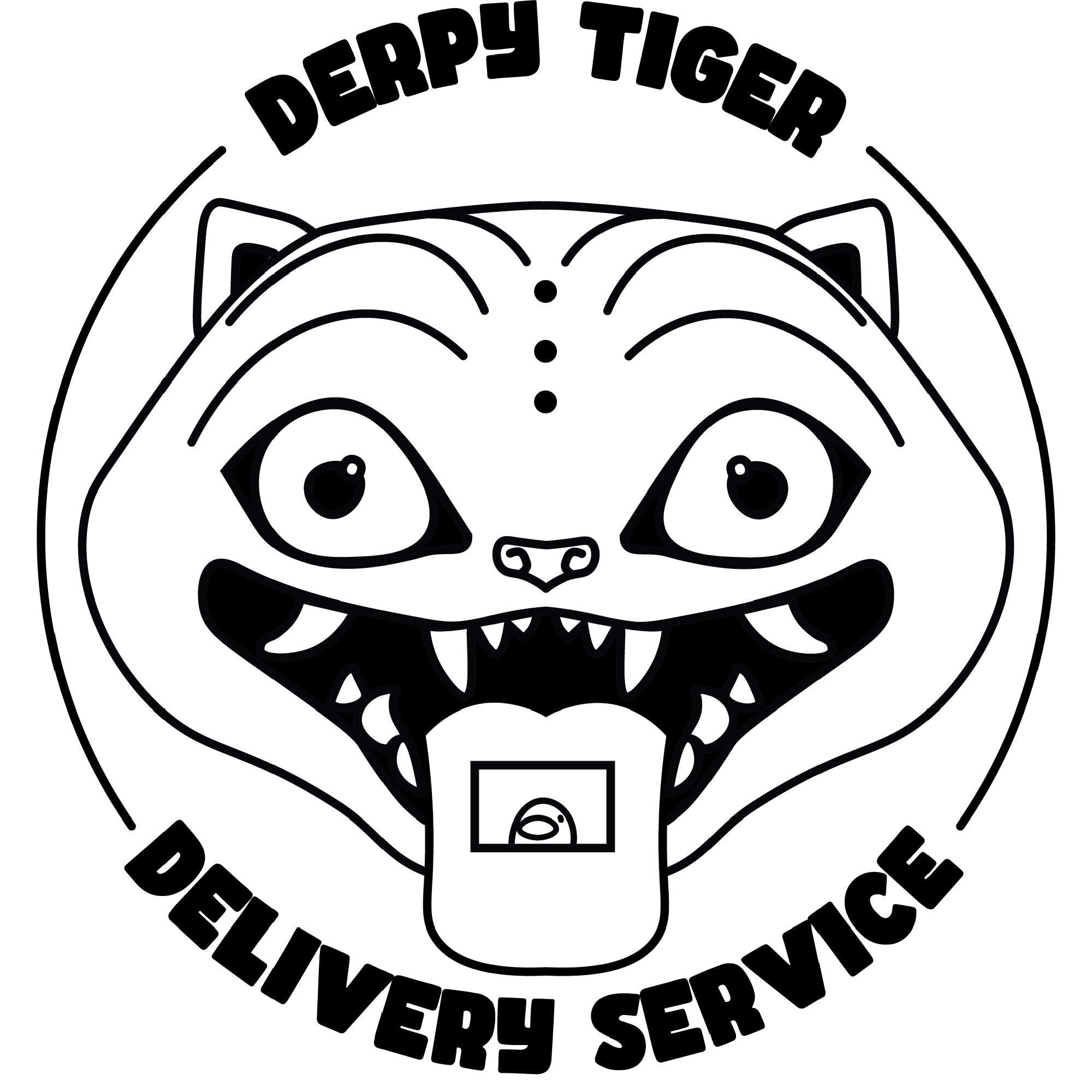 A black and white graphic for laser engraving: has a picture of the derpy tiger from Kpop Demon Hunters in the middle of a circle of words that says "derpy tiger delivery service".