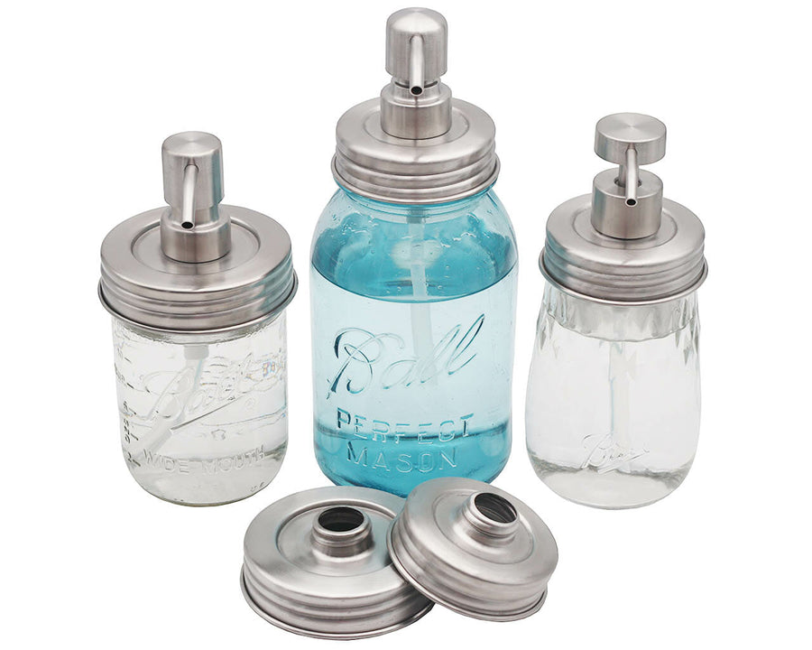Threaded Brushed Stainless Steel/Matte Satin Soap Dispenser Lid for Wide and Regular Mouth Mason Jars Style #2 #4 #5