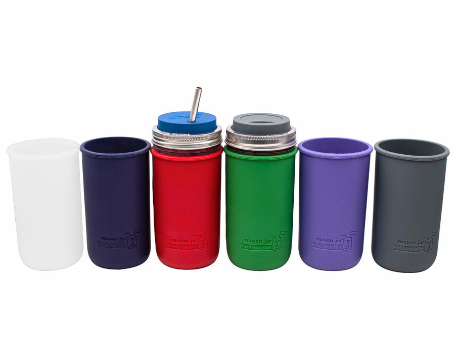 Silicone Sleeves for Wide Mouth 24oz Mason Jars in Frost Cherry Red Leaf Green Midnight Blue Ultra Violet and Charcoal Gray
