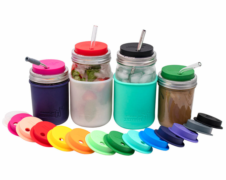 Silicone Straw Hole Tumbler with Stainless Steel Band for Mason Jars