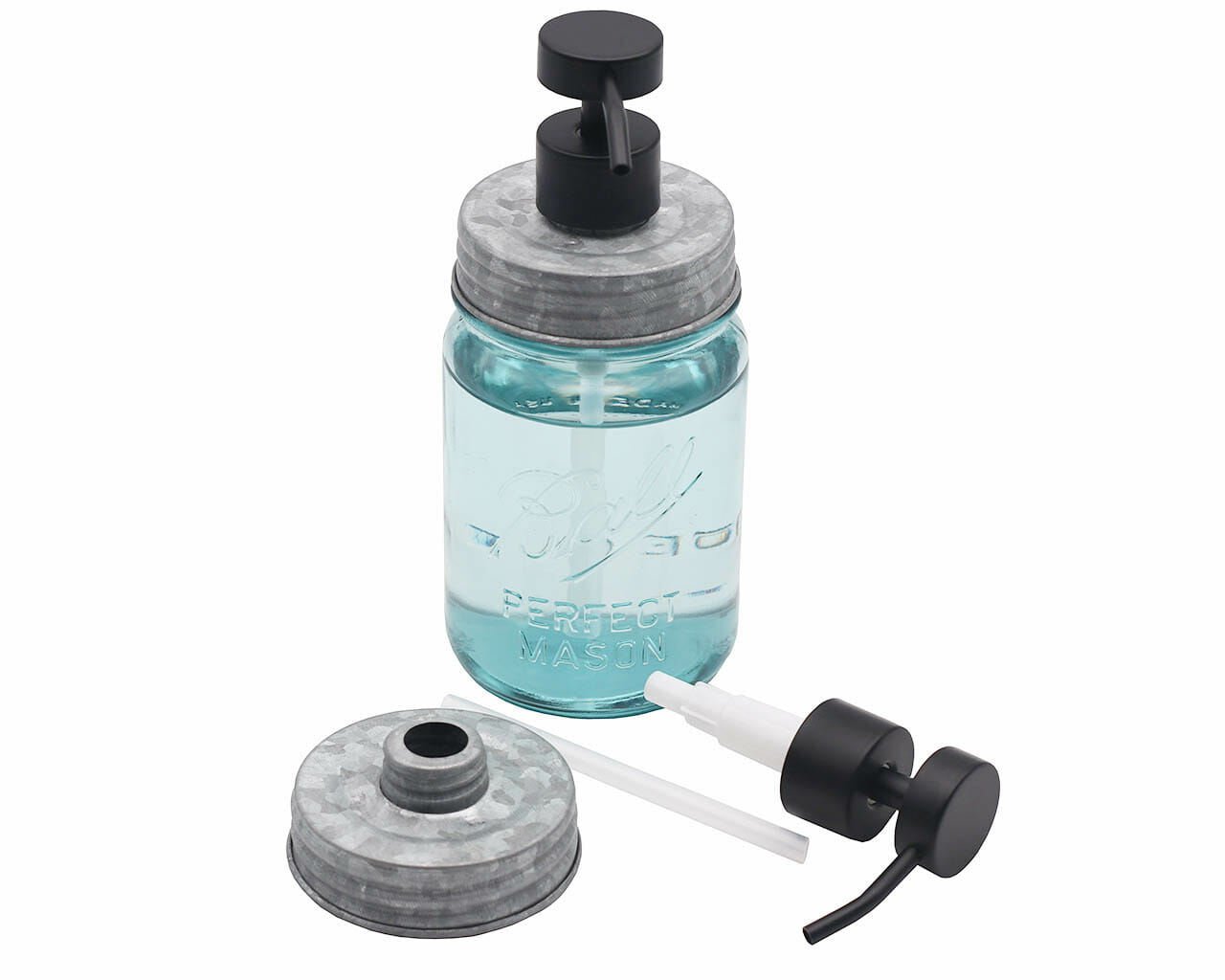 Threaded Matte Charcoal Black Soap Dispenser with Galvanized Lid for Regular Mouth Mason Jars Style #2