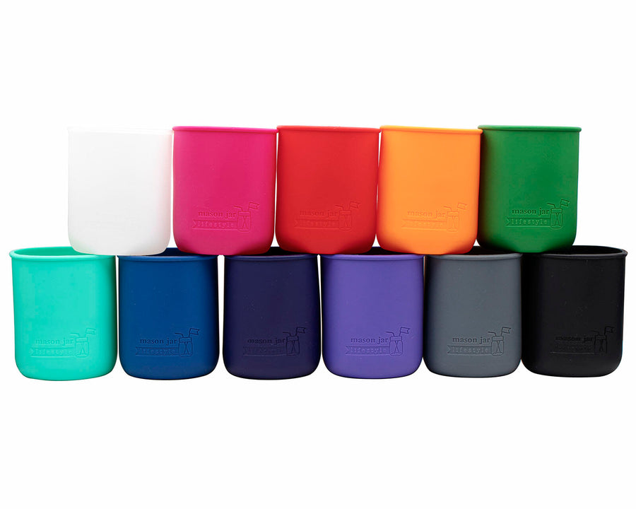 Silicone Sleeves for 32oz Mason Jars in Frost Berry Pink Cherry Red Tangerine Leaf Green Aquamarine Deep Blue Midnight Blue Ultra Violet Black and Charcoal Gray