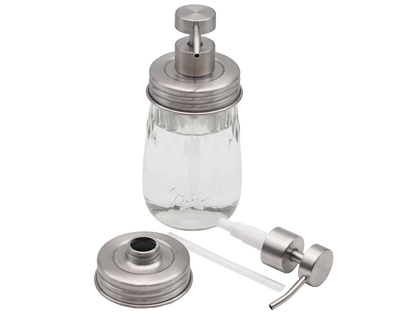 Threaded Brushed Stainless Steel/Matte Satin Soap Dispenser Lid for Regular Mouth Mason Jars Style #2