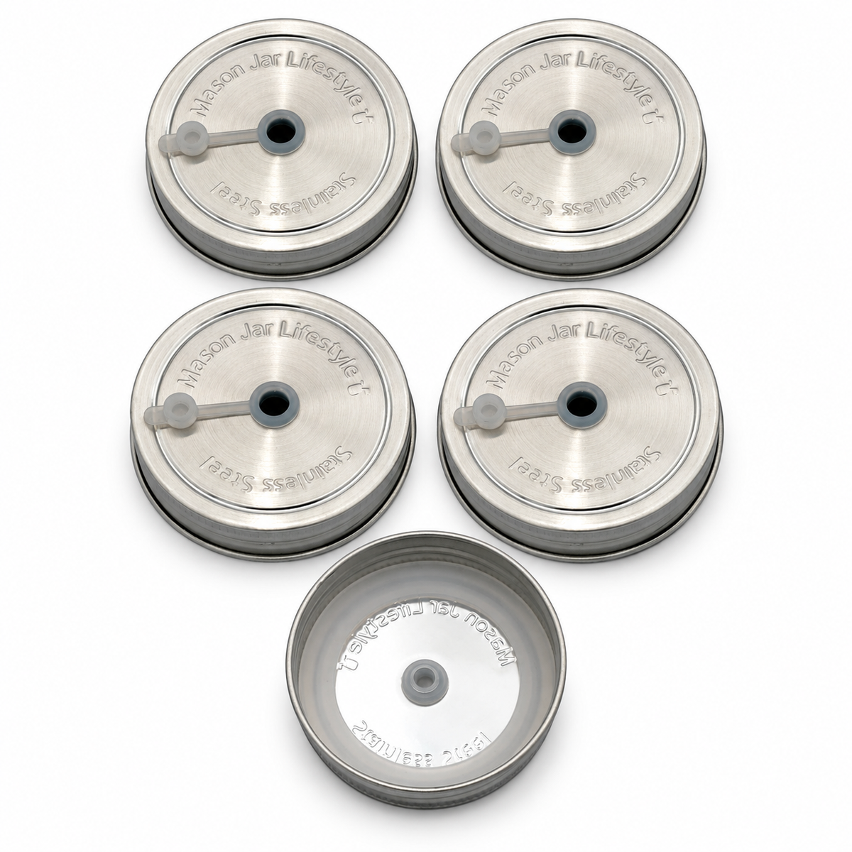 Five Regular Mouth stainless steel Mason jar straw lids with silicone seals and straw-hole plugs