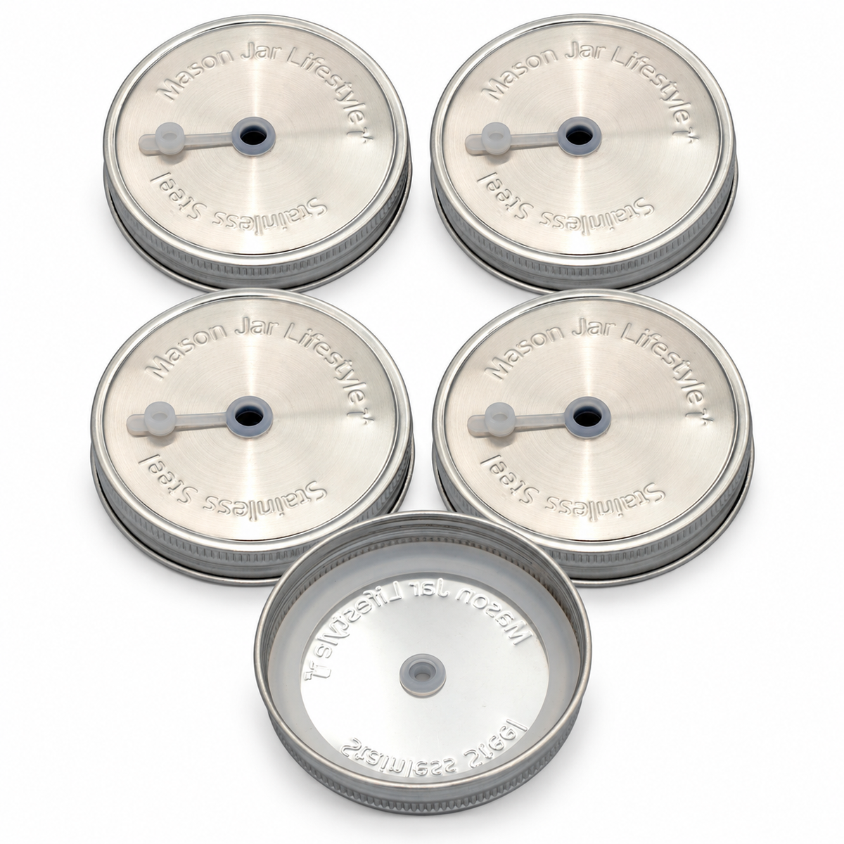 Five Wide Mouth stainless steel Mason jar straw lids with silicone seals and straw-hole plugs