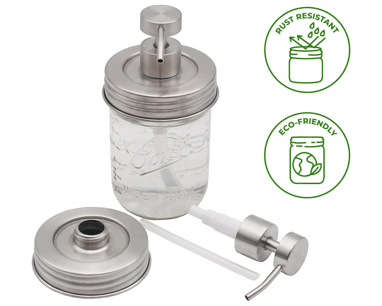 Threaded Brushed Stainless Steel/Matte Satin Soap Dispenser Lid for Wide Mouth Mason Jars Style #2