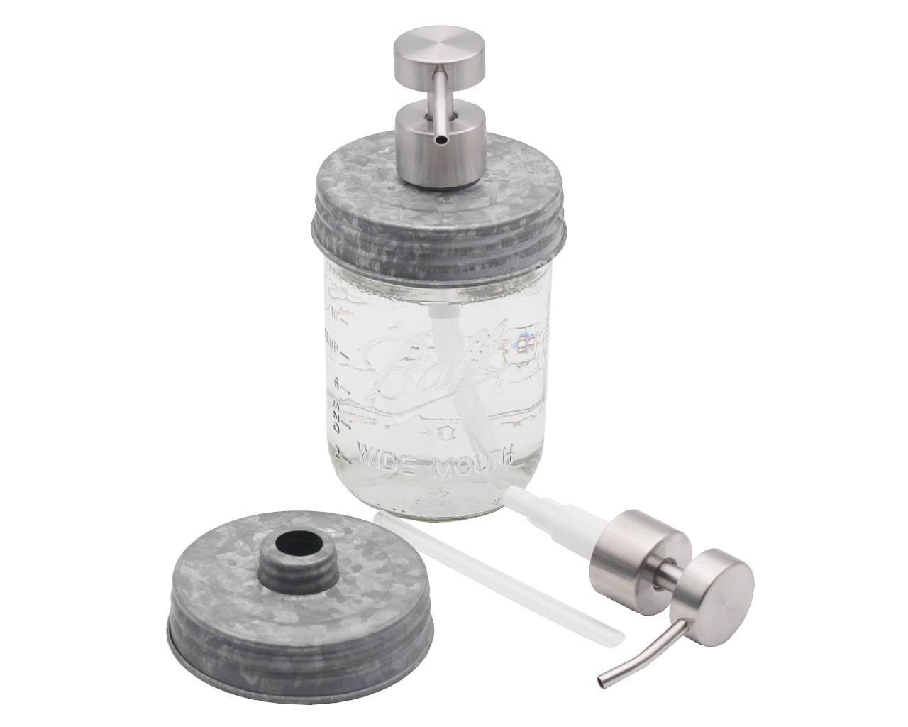 Threaded Brushed Stainless Steel/Matte Satin Soap Dispenser with Galvanized Lid for Wide Mouth Mason Jars Style #2