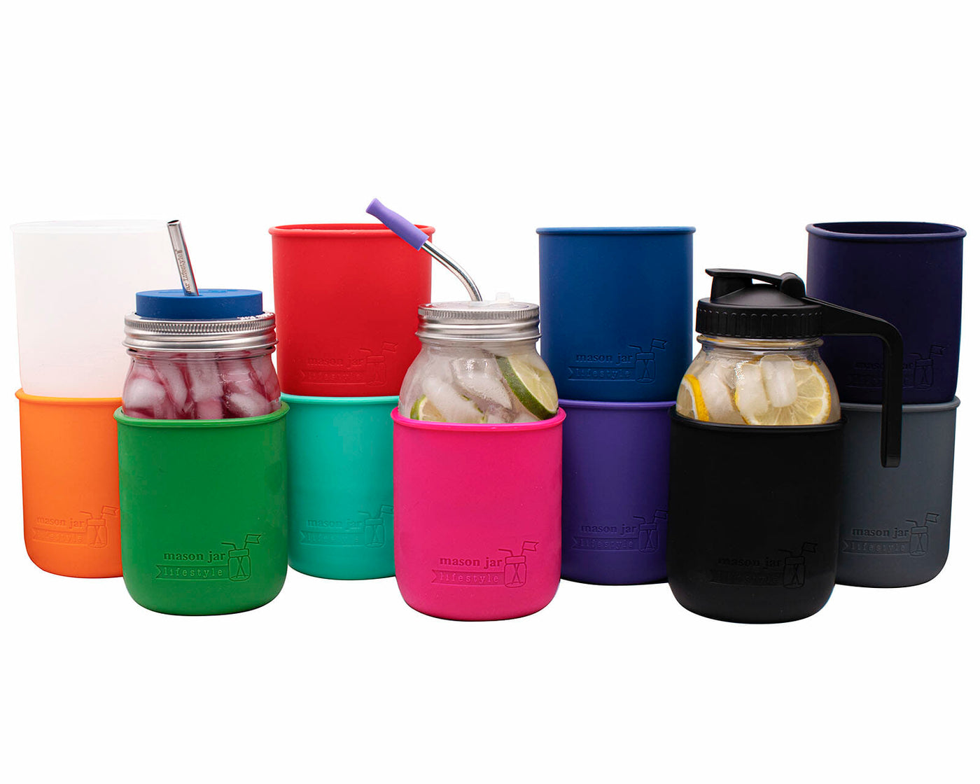 Silicone Sleeves for 32oz Mason Jars in Frost Berry Pink Cherry Red Tangerine Leaf Green Aquamarine Deep Blue Midnight Blue Ultra Violet Black and Charcoal Gray