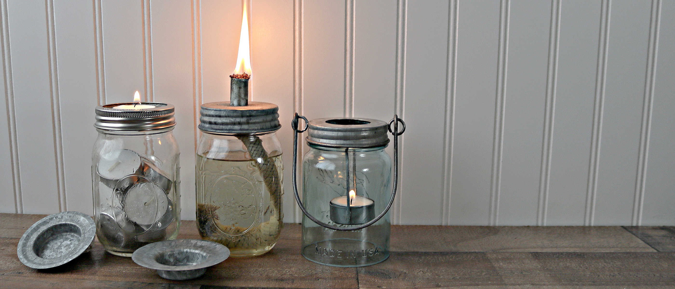 regular mouth galvanized tea light holder insert, tiki torch lamp lid, and tea light holder