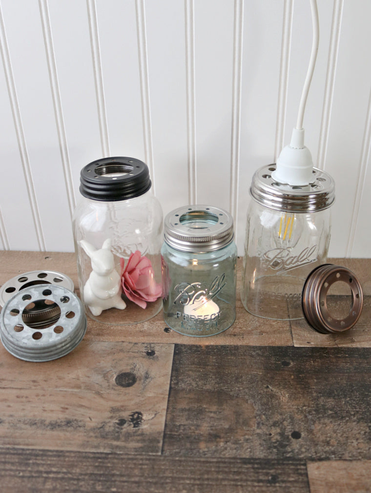 regular and wide mouth open bottom cut mason jar light shades with galvanized, matte black, stainless steel, and oil rubbed bronze lighting lids