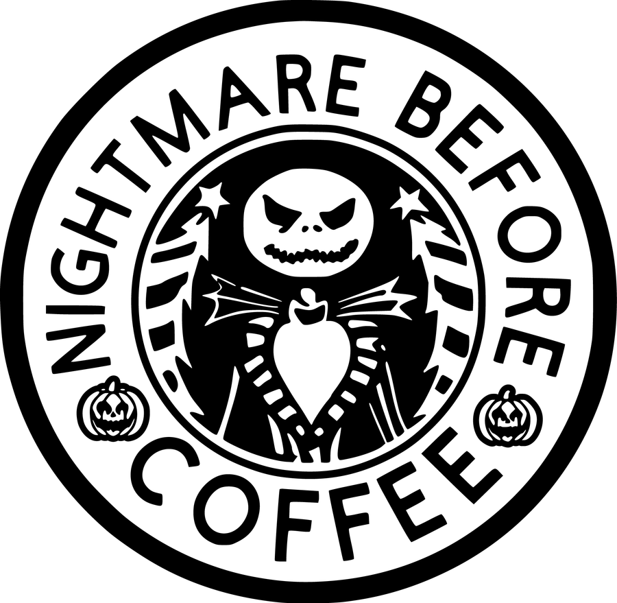 A black and white graphic for laser engraving: text reading "Nightmare Before Coffee" and two pumpkins around the edge of a circle. In the middle, there is a skeleton in a suit with a Christmas tree on each side.