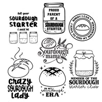 7 different sourdough starter based designs that we laser on silicone sleeves for Mason jars.