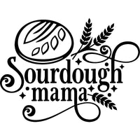A black and white graphic for laser engraving: Text that reads "Sourdough Mama", with a loaf of scored bread on top, pieces of wheat framing it, and a swirly font.