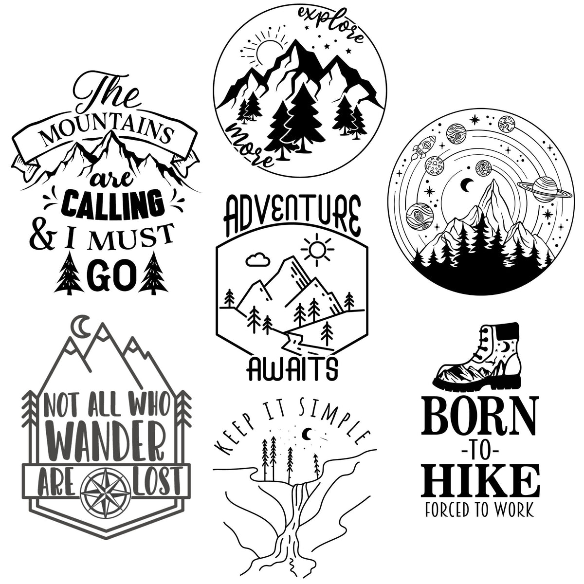 Seven outdoor adventure engraving designs with mountains, hiking, a waterfall, and the night sky
