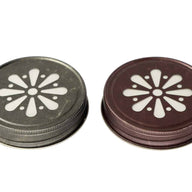 Antique pewter and bronze daisy lids with foam liner for regular mouth Mason jars