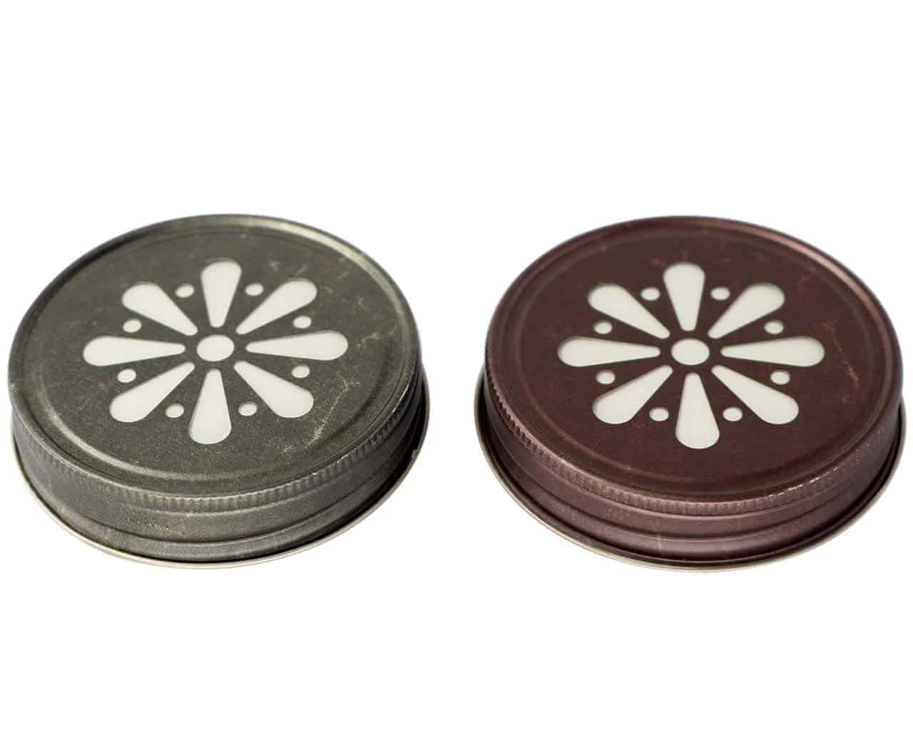 Antique pewter and bronze daisy lids with foam liner for regular mouth Mason jars