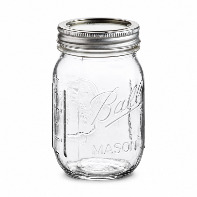 Ball 16oz regular mouth pint Mason jar with silver flat lid and band on a white background
