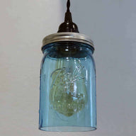 Ball blue wide mouth quart Mason jar pendant light full kit with hand cut jar, lid, on/off switch, and wall plug - bulb off