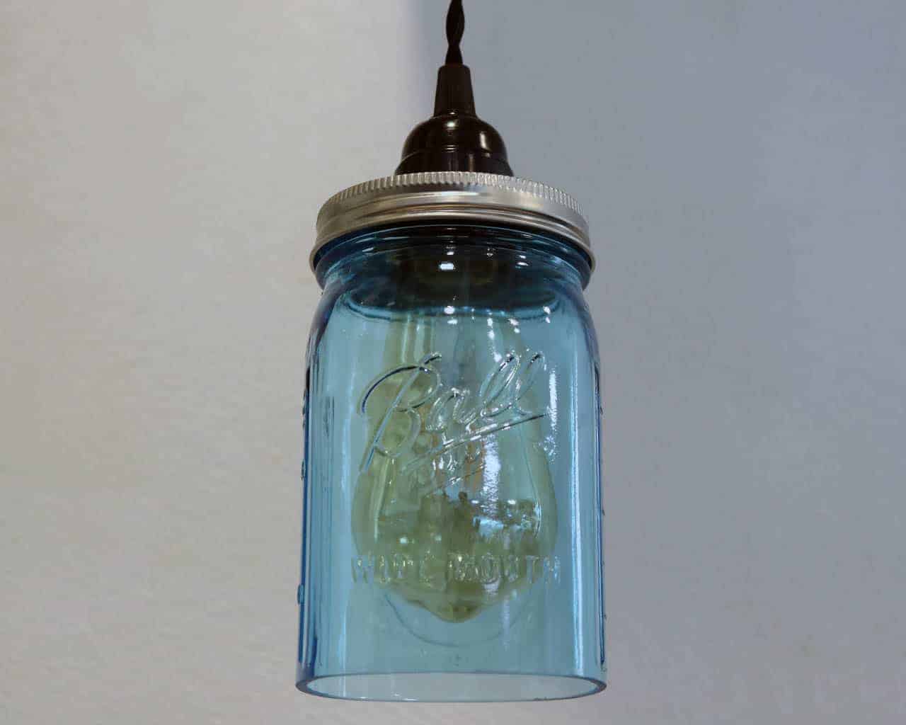 Ball blue wide mouth quart Mason jar pendant light full kit with hand cut jar, lid, on/off switch, and wall plug - bulb off