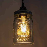 Ball wide mouth quart Mason jar pendant light full kit with hand cut jar, lid, on/off switch, and wall plug - bulb on