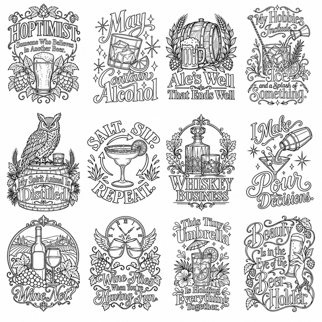 Twelve beer, wine, and alcohol laser engraving designs for silicone Mason jar sleeves