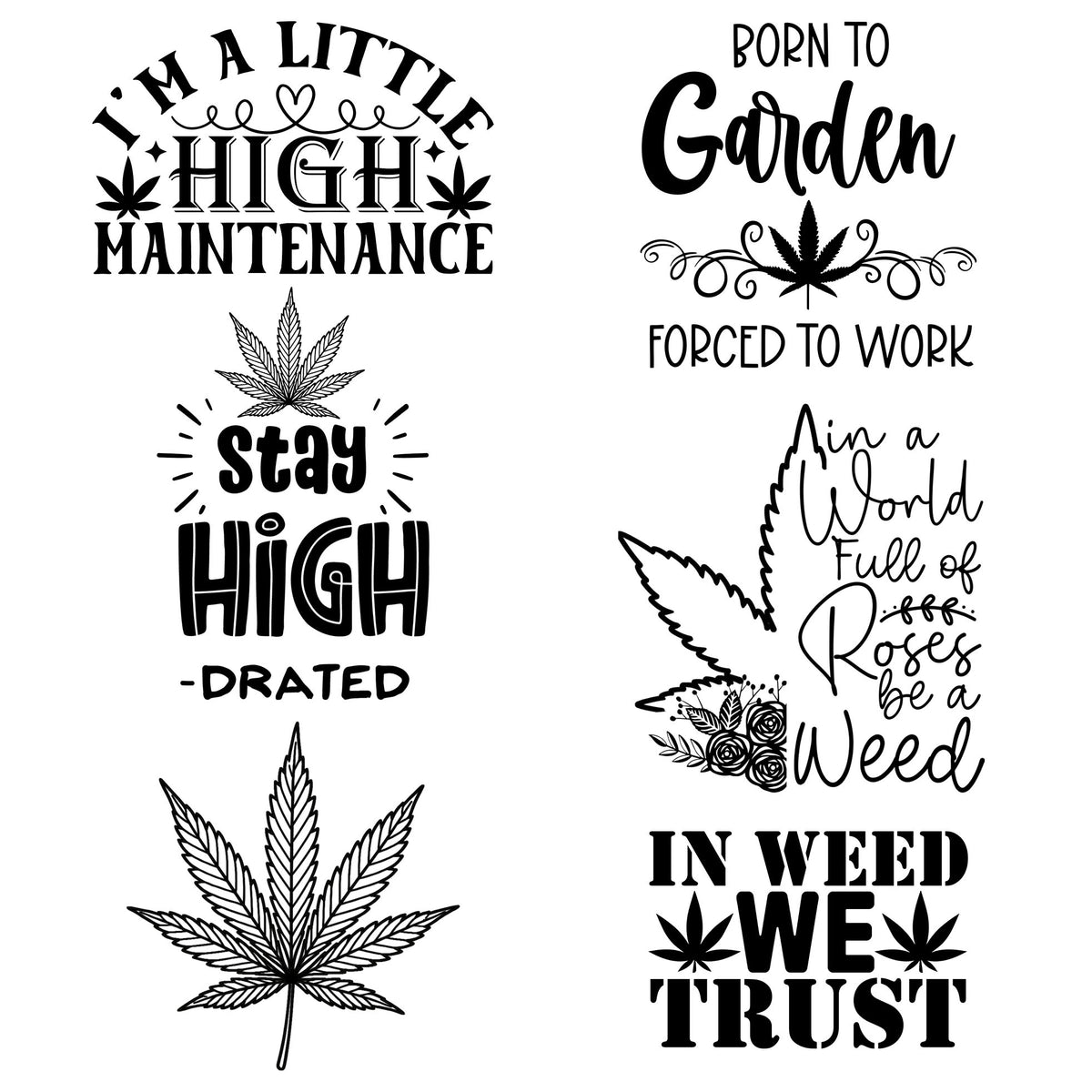 Six humorous cannabis-themed laser engraving designs
