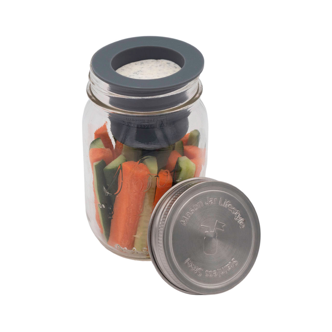 Charcoal gray lifestyle carrot cucumber ranch divider cup regular mouth jar kerr pint lid off