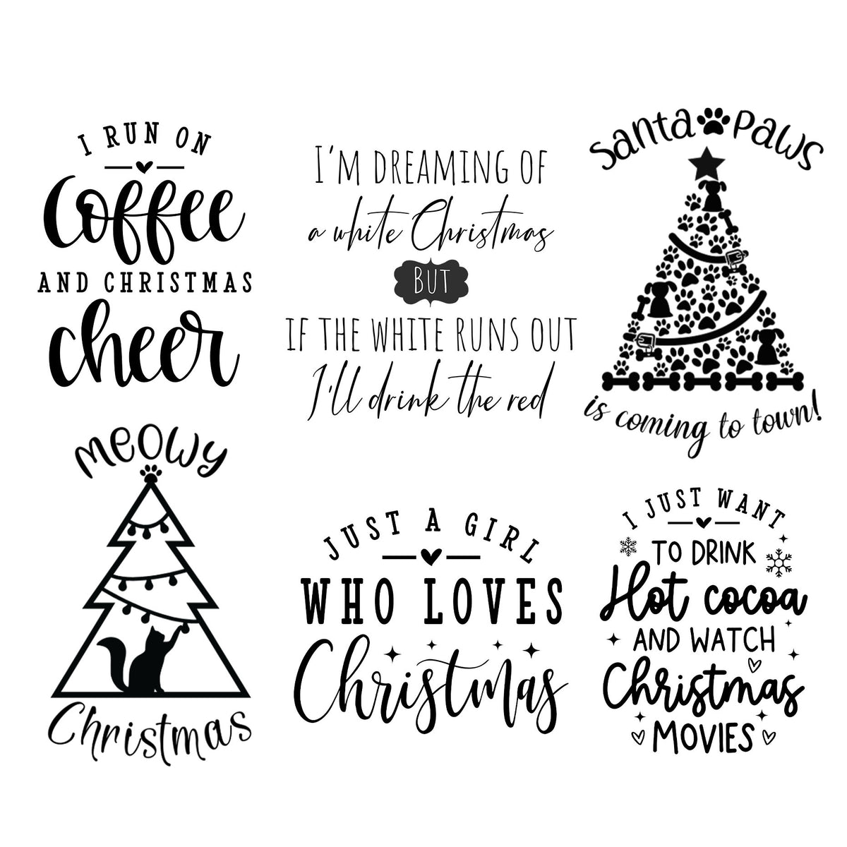 Six humorous Christmas engraving designs with coffee, cocoa, wine, cat, and dog themes