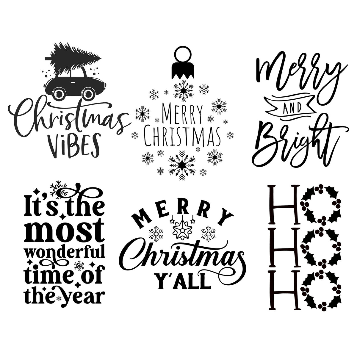 Six Christmas engraving designs with festive sayings, snowflakes, holly, and a car carrying a tree