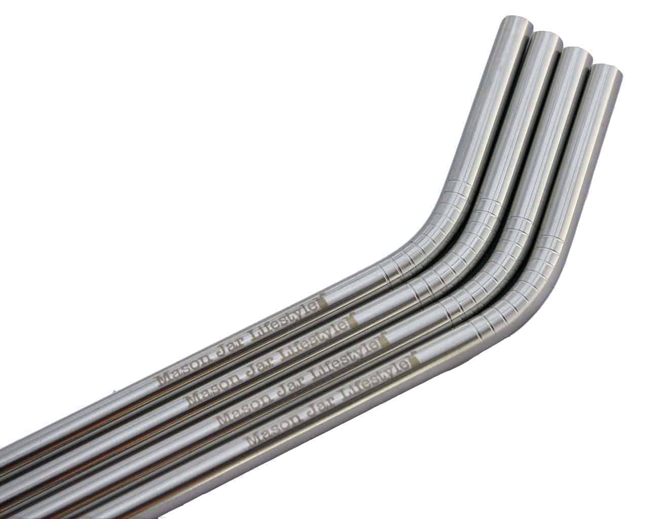 Close up of threading on 4 pack of thin bent stainless steel straws for pint Mason jars