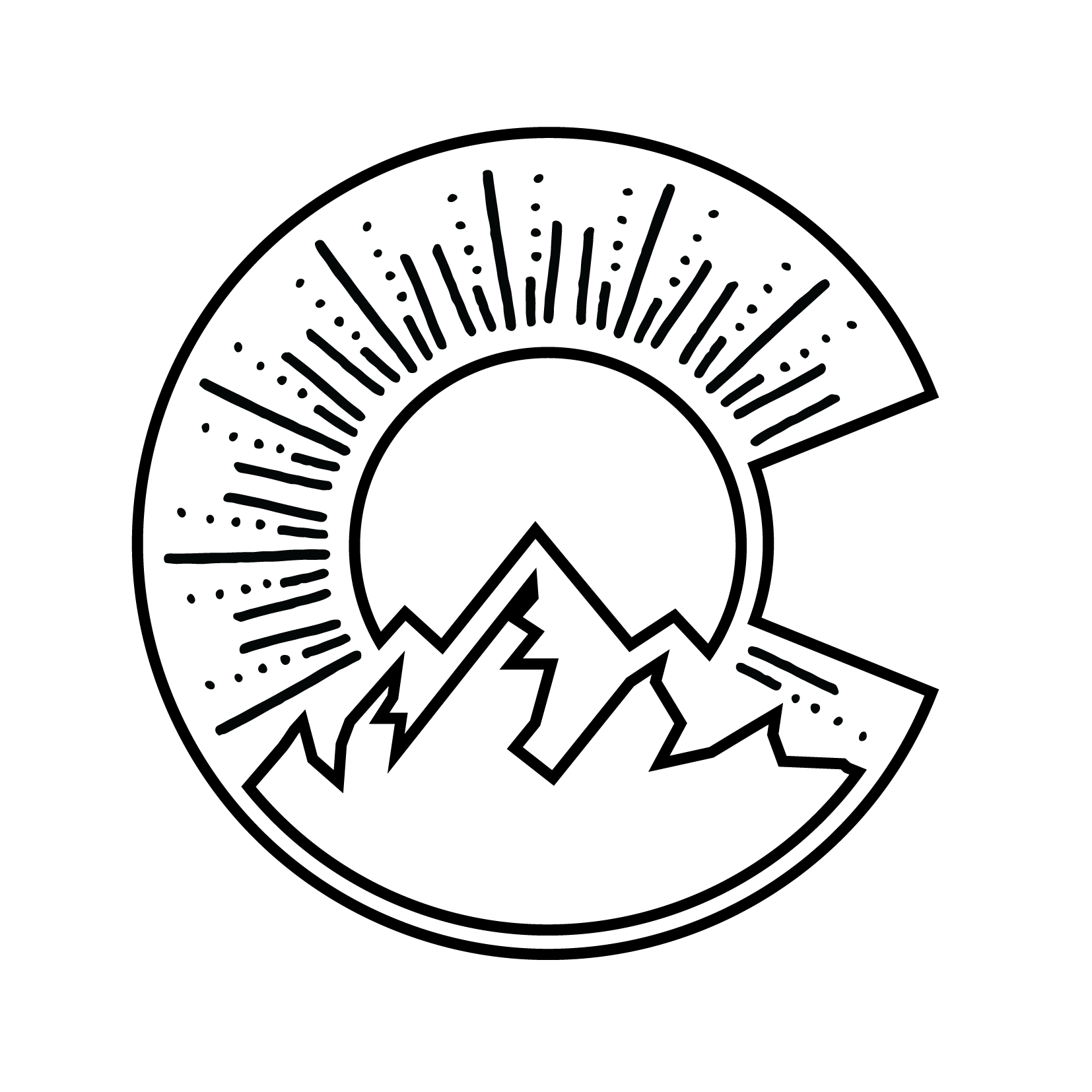A black and white graphic for laser engraving, shaped like the "C" on the Colorado flag, with a sun setting over mountains and sun rays inside.