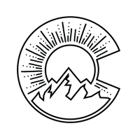 A black and white graphic for laser engraving, shaped like the "C" on the Colorado flag, with a sun setting over mountains and sun rays inside.
