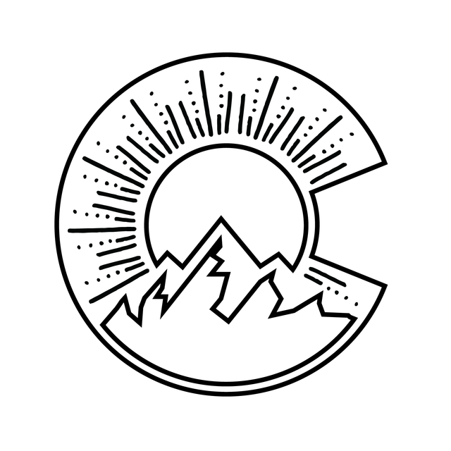 A black and white graphic for laser engraving, shaped like the "C" on the Colorado flag, with a sun setting over mountains and sun rays inside.