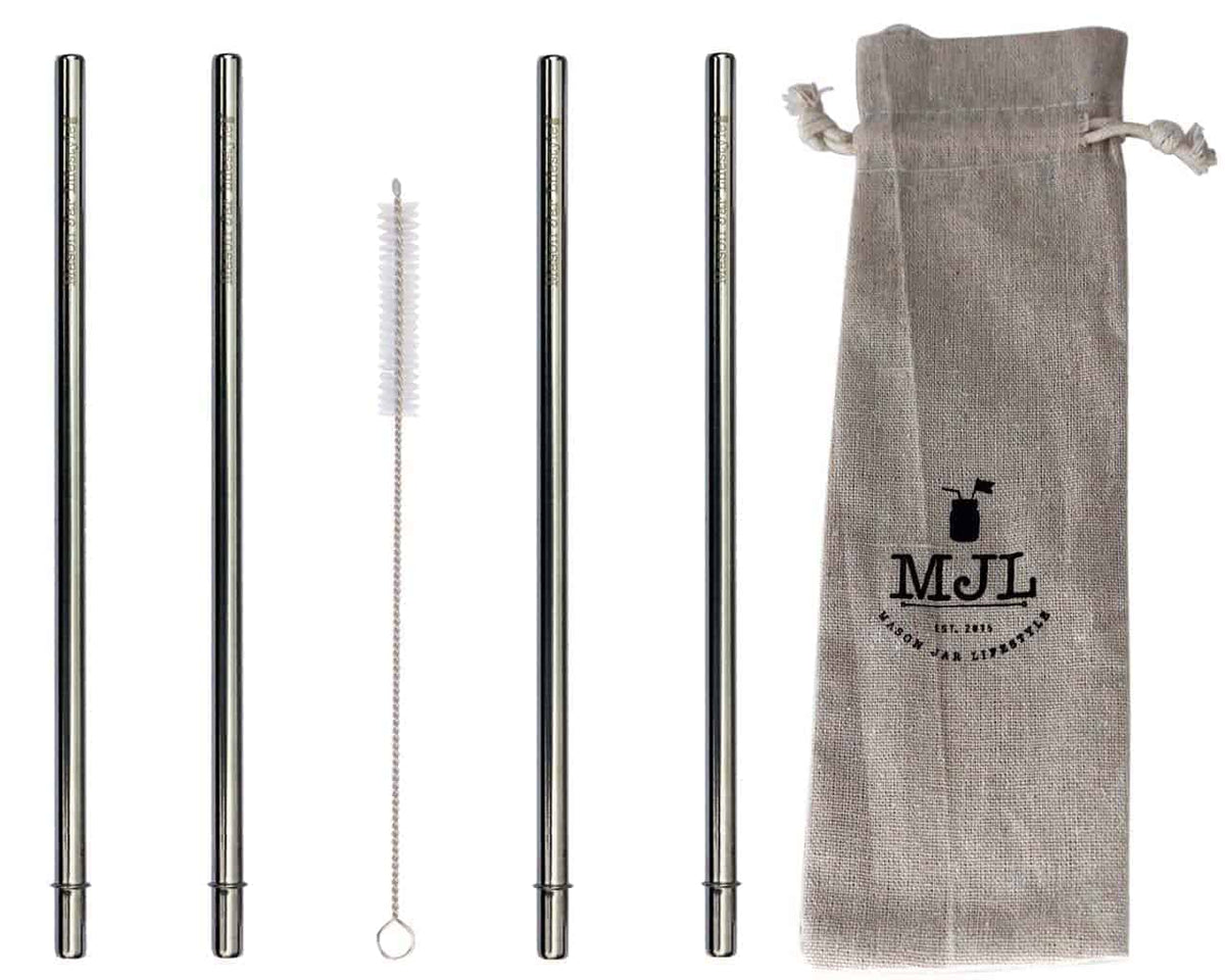 Four Extra Long stainless steel straws with rounded ends and locking tabs, a straw cleaner, and an MJL cloth drawstring bag.