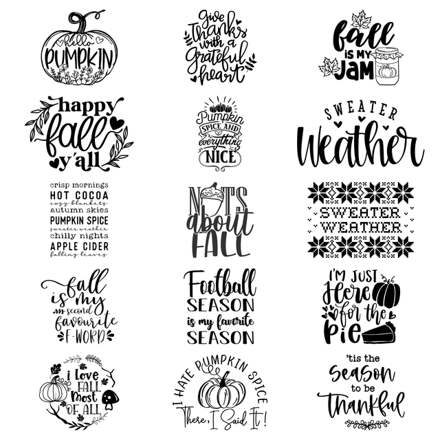 All 15 fall and Thanksgiving laser engraving designs, including pumpkins, autumn sayings, and two Sweater Weather designs