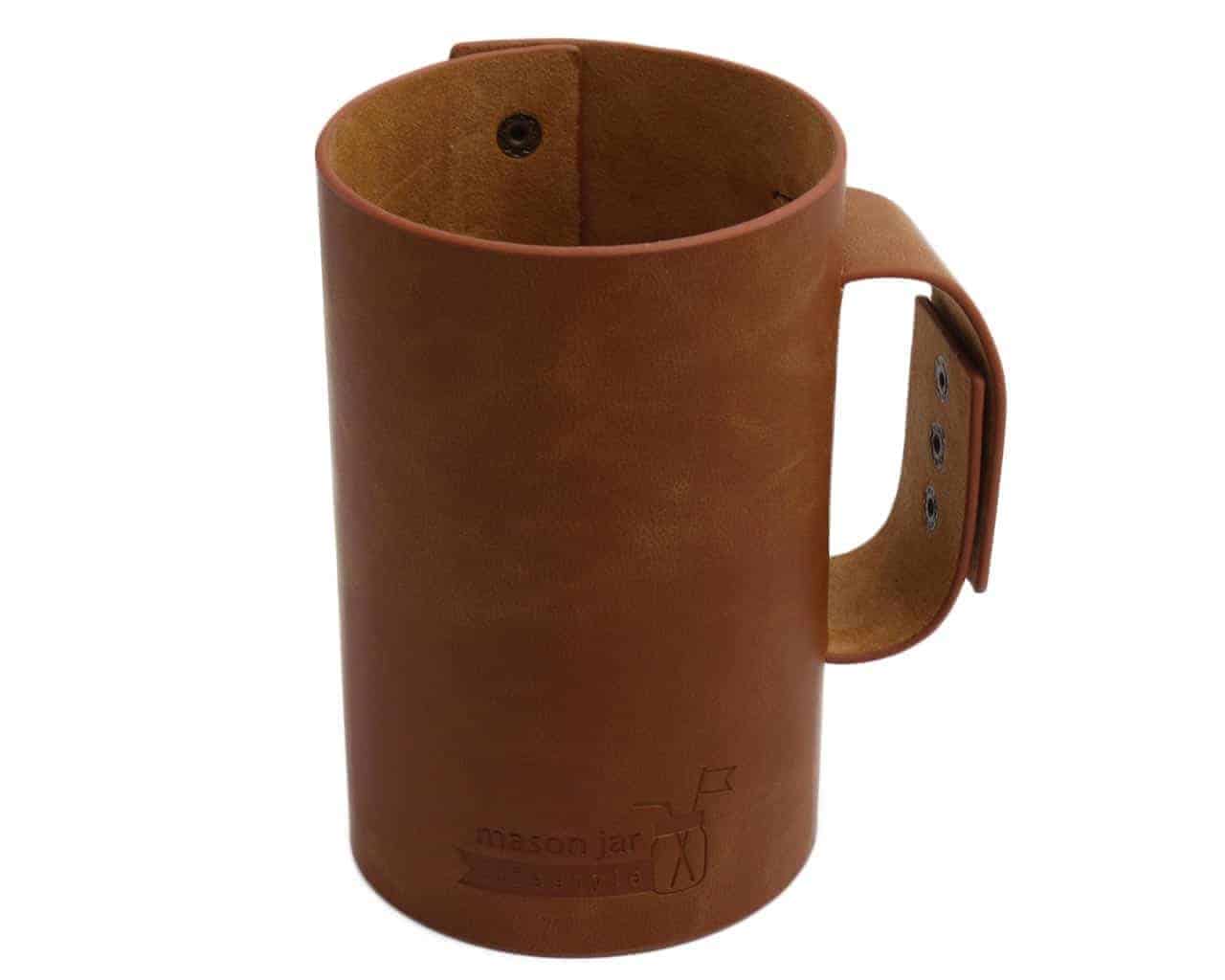 Faux leather sleeve with handle / travel mug for Ball pint & half 24oz jars